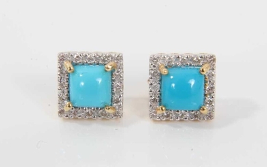 Pair of turquoise and diamond cluster earrings, each with a central square turquoise cabochon surrounded by as square border of brilliant cut diamonds in 18ct gold setting. Hallmarked London 2002....