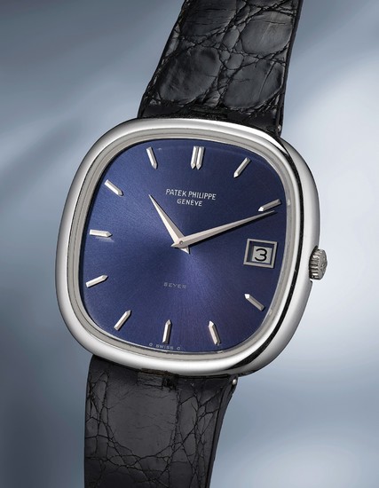 Patek Philippe, Ref. 3604 A very elegant and masculine cushion-shaped white gold wristwatch with blue dial, box and original guarantee