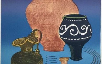Penny Berry Paterson (1941-2021) colour linocut, Roman Pots, Chelmsford Museum, signed and numbered 6/30, 33 x 27cm