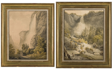 Peter Birmann (1758-1844), "La Cascade del Scalgogio et La Chute du Staubbach" , aquarelles, titrés et signés, l'une datée, 67x51,5 cm
