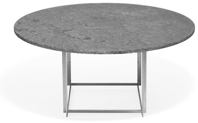 Poul Kjærholm: “PK 54”. Dining table with cubus frame of matte chromed steel. Circular top of flintrolled Porsgrunn marble with fossils.