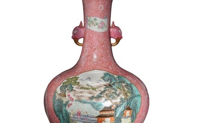 QING DYNASTY FAMILLE-ROSE ENAMELED 'FIGURES IN A WINDOW' LONG-NECKED VASE