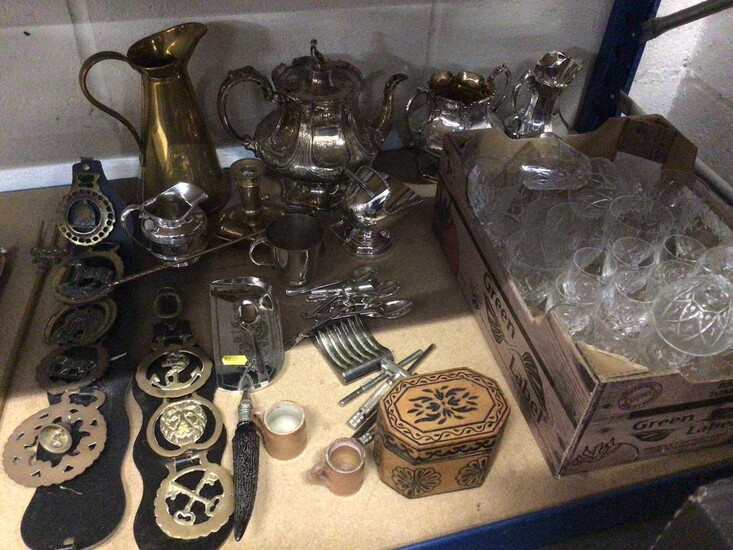 Quantity of silver plate, brass, glassware and sundries, together with a Norwegian silver Christening fork and spoon