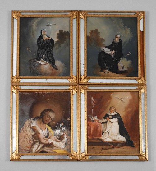 Quatre peintures sous verreMilieu du 19e siècle, non signées, gouache sur verre, représentations à figures...
