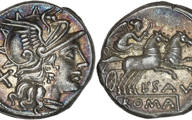 RÉPUBLIQUE ROMAINE L. Saufeius. Denier 152 av. J.-C., Rome. RRC.204/1 ; Argent - 4,15 g...