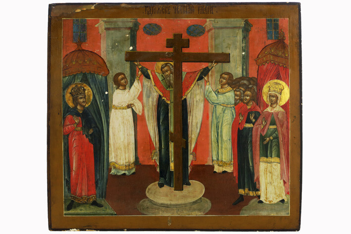 RUSLAND - ca 1800 ikoon : "De verheerlijking van het waarheidskruis" - 43 x 48 ||antique Russian "Adoration of the Cross of Truth" icon