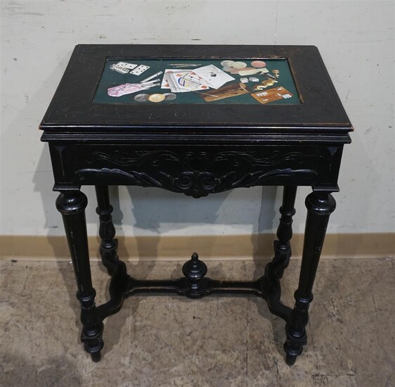 Renaissance Style Ebonized Wood Fold-Top Games Table, H: 29-1/2; W: 22; D: 14 in