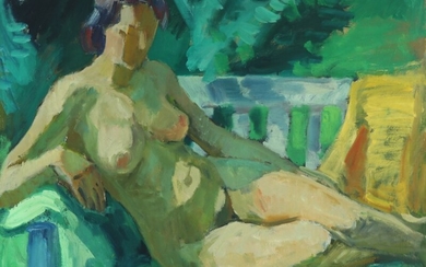 Robert Leepin: Nude woman on a bench in the green. Signed Rob. Leepin. Oil on canvas. 81×100 cm.