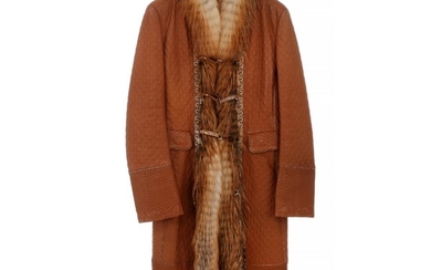 Roberto Cavalli: A jacket made of brown leather with gold fox fur trim, two pockets and brown silk lining inside. Size 44 (IT)