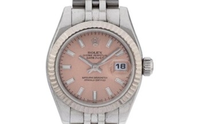 Rolex. A lady's stainless steel automatic calendar bracelet watch, Datejust, Reference 179174, Serial Number D010278, Circa 2005 salmon dial with applied white gold luminous baton hour markers, magnified date aperture at 3, sweep centre seconds, 31...