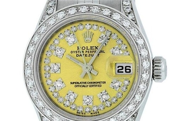 Rolex Ladies Stainless Steel Quickset Yellow Diamond Lugs Jubilee Datejust Wrist