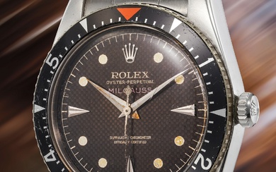 Rolex, Ref. 6541 An extremely rare, well-preserved and important amagnetic wristwatch with "lightning" center seconds, "no lumes" chocolate tropical honeycomb dial and presentation box