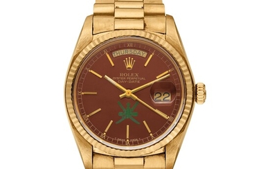 Rolex Reference 18038 Day-Date ‘Khanjar’ | A yellow gold automatic wristwatch with day, date, and bracelet, Circa 1978