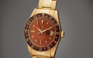 Rolex Reference 6542 GMT-Master | A yellow gold automatic dual time zone wristwatch with date, bracelet, and bakelite bezel, Circa 1958 | 勞力士 型號 6542 GMT-Master 黃金自動上鏈兩地時間腕錶備日期顯示，配鍊帶及人造樹膠錶圈，製作年份約 1958