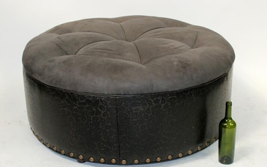 Round leather and ultra suede tufted ottoman