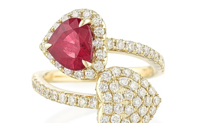 Ruby and Diamond Heart Toi et Moi Ring