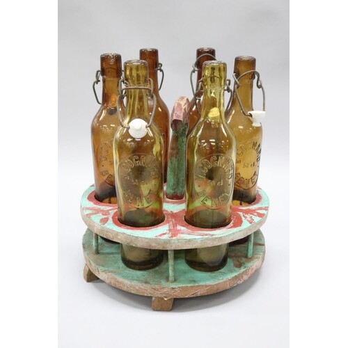 Rustic painted and decorated wood bottle carrier with six Fr...