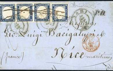 SARDEGNA-FRANCIA 1862 - 20 cent. indaco (15E), striscia di tre,...