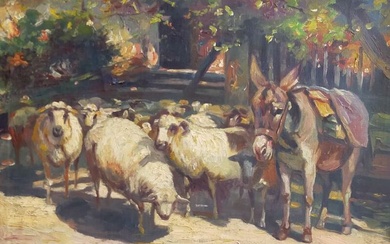 SCHNELLE M. O. Troupeau de moutons et âne Huile sur toile Signée en bas à...