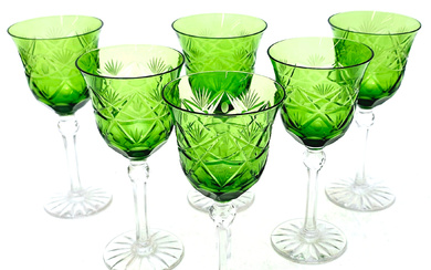 SET OF SIX WINE GLASSES IN CARVED BOHEMIAN CRYSTAL.