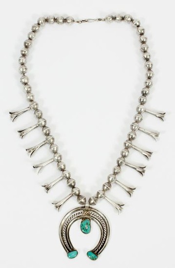 SILVER & TURQUOISE NAVAJO SQUASH BLOSSOM NECKLACE