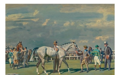SIR ALFRED JAMES MUNNINGS, P.R.A., R.W.S. | MAHMOUD BEING SADDLED FOR THE DERBY, 1936