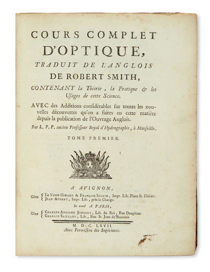 SMITH, ROBERT. Cours Complet d'Optique. French translation and additions by Esprit Pezenas, S....