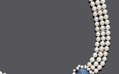 STAR SAPPHIRE, DIAMOND AND PEARL NECKLACE, ca. 1970.