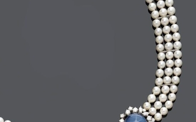 STAR SAPPHIRE, DIAMOND AND PEARL NECKLACE, ca. 1970....
