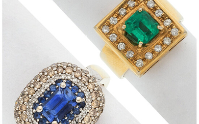 Sapphire, Emerald, Colored Diamond, Diamond, Gold Rings Stones: Square...