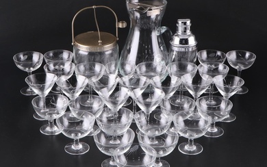 Sasaki "Wheat" Stemware, Shaker, and Ice Bucket with Other Wheel-Etched Glass