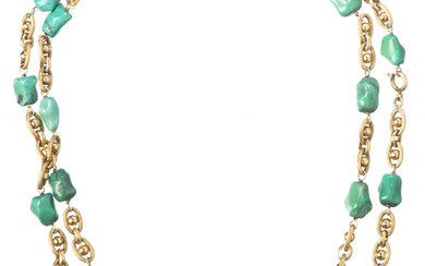 Sautoir comprenant 27 turquoises polies, entrecoupées de doubles anneaux en or jaune