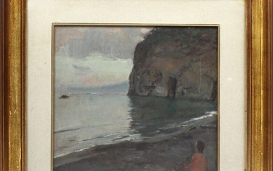 Scorcio di costa con figura, olio su tavola, cm. 34x36, entro cornice., Gennaro Villani (Napoli, 1885 - Napoli, 1948)