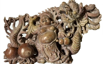 Sculpture of Buddha of Happiness with dragon, fruit and