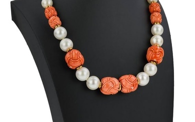 Seaman Schepps Carved Orange Coral & Pearl Necklace