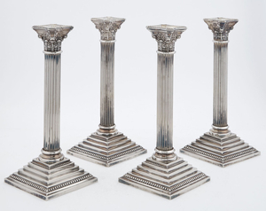 Set of Four Godinger Georgian Style Silver-Plated Columnar-Form Candlesticks