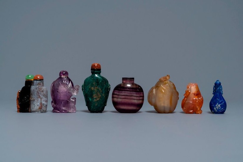 Seven Chinese hardstone, agate and quartz snuff bottles,...