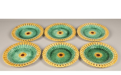 Seven piece Wedgwood majolica fruit set, with green lustre w...