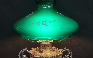 Signed Bradley & Hubbard dated 1892 antique oil lamp with 10" emerald green antique tam o'shanter
