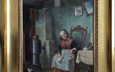 Simony Jensen: Elderly woman playing with kitten. Signed Simony Jensen. Oil on canvas. 48×35.5 cm. Frame size 66.5×54 cm.