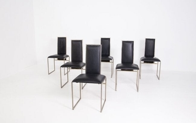 Six Dining Chairs by Romeo Rega Leather and Steel