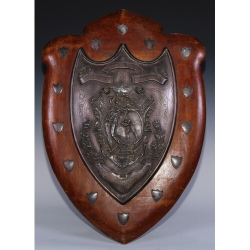 Sport - an Art Nouveau silver presentation trophy shield, Wo...