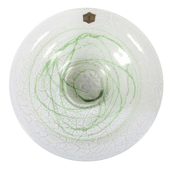 Stepped bowl Johann Loetz Witwe, around 1935, foam glass, mouth-blown, colourless crystal glass with quartz powder or salt crystals, green winding, colourlessly overstitched, gently stepped funnel-shaped bowl, adhesive label, h: approx. 9 cm. Part...