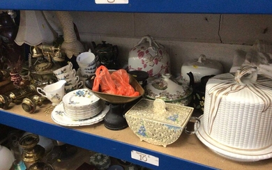 Sundry items, including ceramic cheese domes and tea wares, brass GWR lamps, onyx items, scales, etc