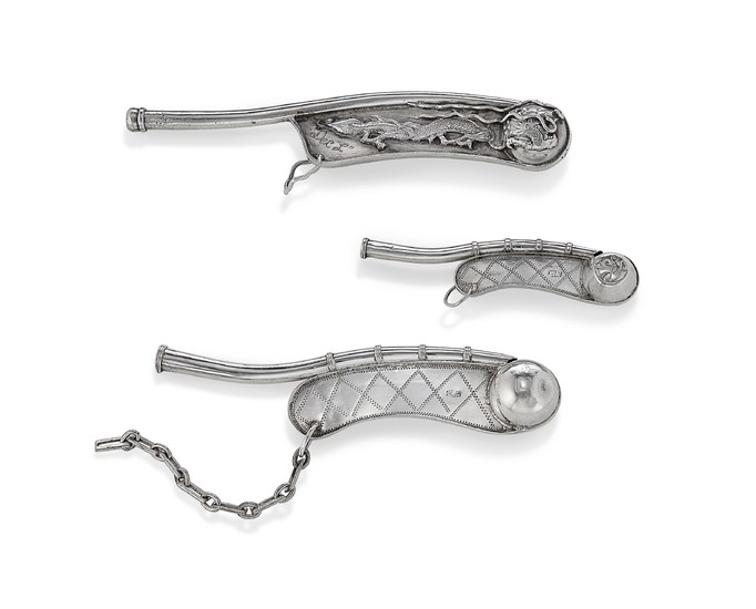 THREE CHINESE EXPORT SILVER BOSUN WHISTLES, LATE 19TH CENTURY
