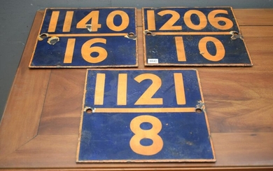 THREE LARGE ENAMEL NUMBER PLATES (26H x 27W CM) (LEONARD JOEL DELIVERY SIZE: SMALL)