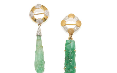 TWO BI-COLOR GOLD, JADE AND DIAMOND BROOCHES