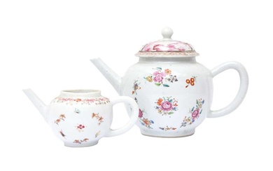 TWO CHINESE EXPORT FAMILLE-ROSE TEAPOTS 清十八世紀 外銷粉彩茶壺兩件