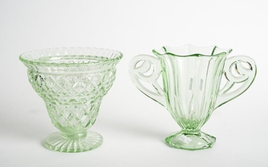 TWO DEPRESSION GLASS FLUTED VASES - ONE WITH SCROLLING HANDLES, TALLEST H.16CM, LEONARD JOEL LOCAL DELIVERY SIZE: SMALL
