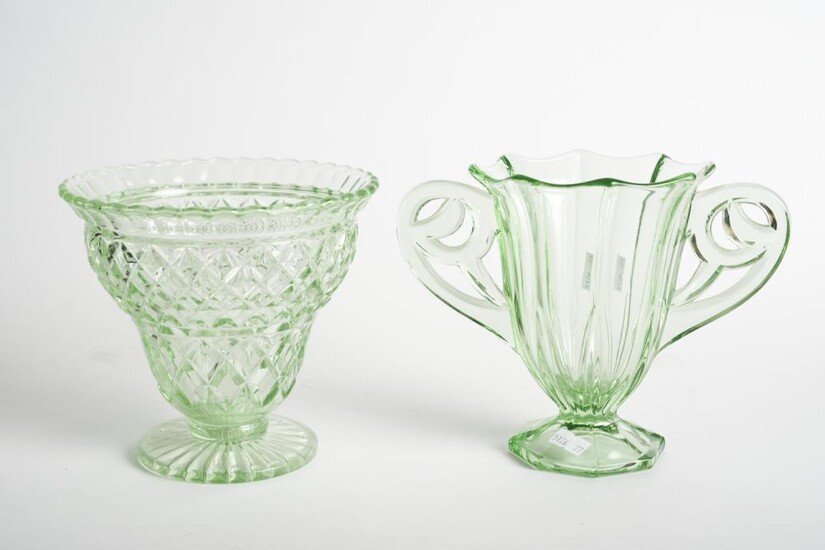 TWO DEPRESSION GLASS FLUTED VASES - ONE WITH SCROLLING HANDLES, TALLEST H.16CM, LEONARD JOEL LOCAL DELIVERY SIZE: SMALL